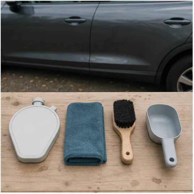 Dry cabin reset tools arranged outside a parked generic vehicle