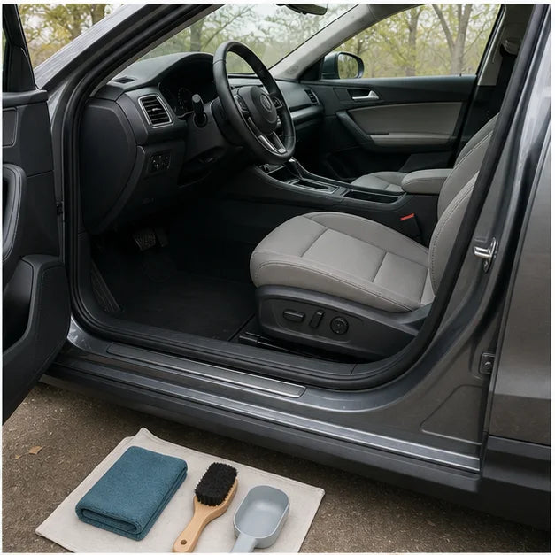 Generic parked vehicle cabin with controls, restraints, pedals, and sight lines left clear
