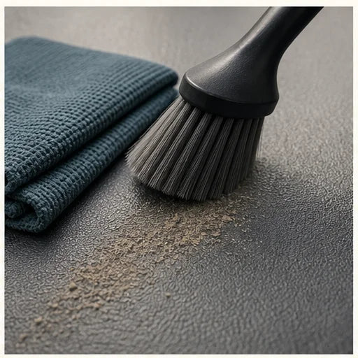Sweep Fine Dust collection context with dry, soft Tuckmile cabin tools in a safe parked-vehicle setting