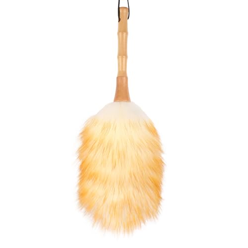 Feather Duster, Lambswool Duster for Cleaning,with Solid Wooden Handle,Leather Hang Strap,Anti-Static 14.9 inch Washable Reusable Small Hand Duster(Natural) for Office, Home and Car