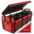 Convertible Large 3 Compartment SUV Trunk Organizer | Truck Bed for Trucks, Cars, SUVs (4-in-1 with Cover, Red)