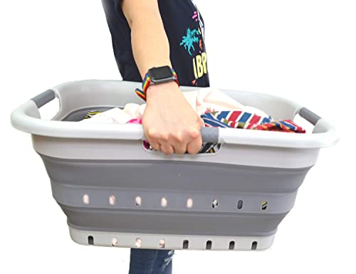 41L Collapsible 3 Handled Plastic Laundry Basket - Foldable Pop Up Storage Container/Organizer - Portable Basket - Space Saving Hamper/Basket (3 handled rectangular, Grey/Dark Grey) - view 6
