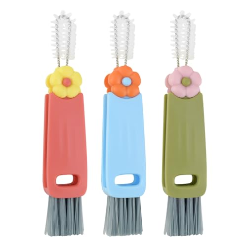 3 Pcs 3 in 1 Cup Lid Cleaning Brush Crevice Cleaning Brush for Bottle Gap 3 in 1 Cleaning Brushes for Tight Spaces Multifunctional Portable Cup Lid Cleaner Home Kitchen Cleaning Tools (Green Blue Red)