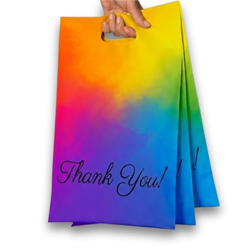 Rainbow Poly Mailers with Handle, 10x13, 100 Pack, Thank You Bags