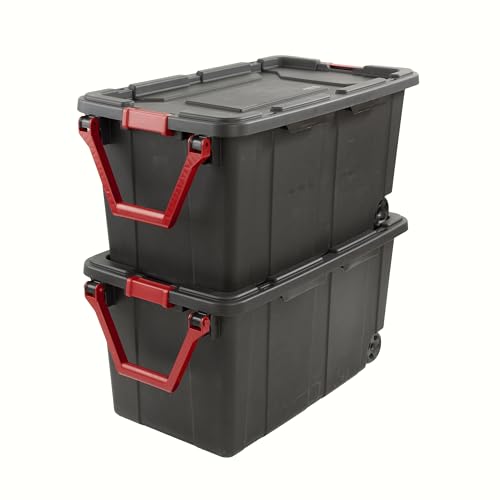 Industrial Storage Tote with Wheels, Black, 40 Gallon, Heavy Duty Plastic Container, Handle and Latches, 36.75x21.38x18 Inch, Set of 2 - view 4