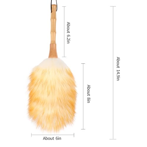 Feather Duster, Lambswool Duster for Cleaning,with Solid Wooden Handle,Leather Hang Strap,Anti-Static 14.9 inch Washable Reusable Small Hand Duster(Natural) for Office, Home and Car - view 2