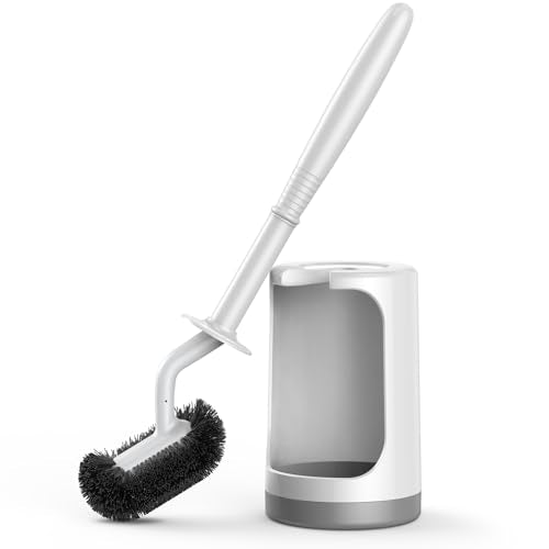 Toilet Bowl Brush Holder Set: Curved Design with Holder for Deep Cleaning Under Rim - Compact Hidden Scrubber for Small Space - Modern RV Bathroom Accessories - White 1 Pack