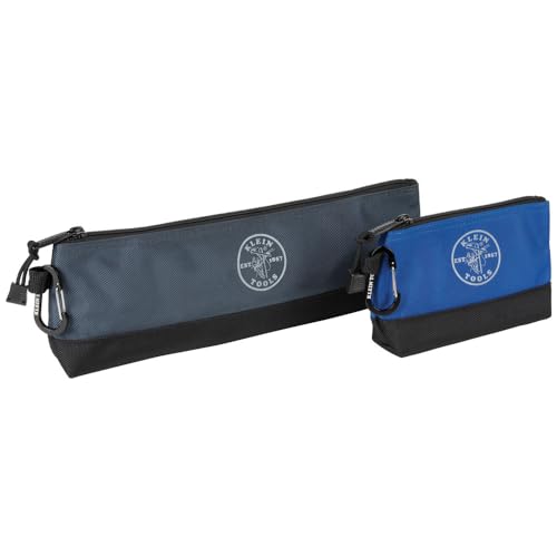 55559 Stand-Up Zipper Bag Tool Pouch with Carabiners, 7-Inch Blue and 14-Inch Gray Utility Bags with Reinforced Bottom, 2-Pack