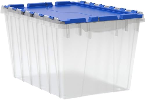 KeepBox 12 Gal Storage Box, Lid Attached, Stackable, Clear/Blue