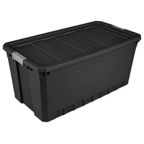 50-Gallon Large Stackable Rugged Industrial Storage Tote Container with Gray Latching Clip Lid for Garage, Attic, Worksite, or Camping