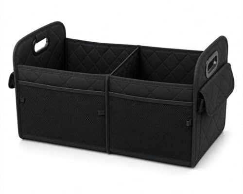 Car Organizer Caddy Oxford Quilted Trunk Organizer, Waterproof Storage Tote with Handles for Front Seat, Backseat, SUV, Truck, Van, Black