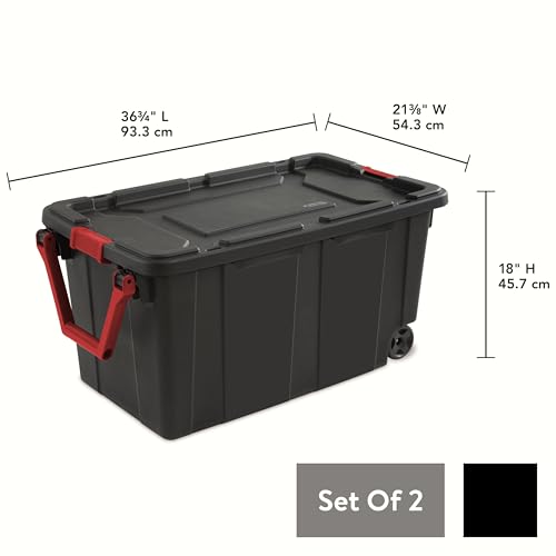 Industrial Storage Tote with Wheels, Black, 40 Gallon, Heavy Duty Plastic Container, Handle and Latches, 36.75x21.38x18 Inch, Set of 2 - view 2