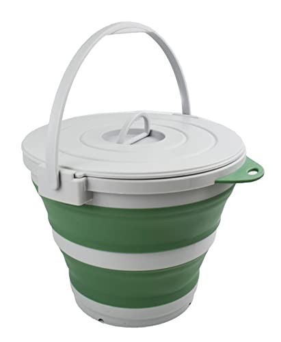 10L (2.64Gallon) Collapsible Fishing Bucket with Locking Lid - Portable Plastic Water Pail - Space Saving Outdoor Waterpot - Trunk Organizer for All Types of Vehicles (Grey/Dark Sea Green)