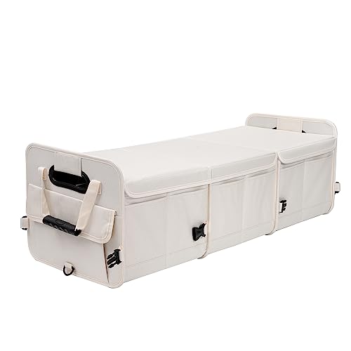 Car Trunk Organizer with Lid Storage Collapsible Multi Compartment Adjustable Straps for SUV, Truck, Sedan(Beige) XL