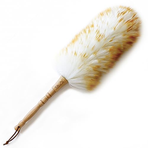 J&A Lambswool Dusters with Solid Wooden Handle, Flexible Head, Anti-Static, Comfortable Grips 17.8 inchs Long Feather Duster for Office, Home and Car etc.