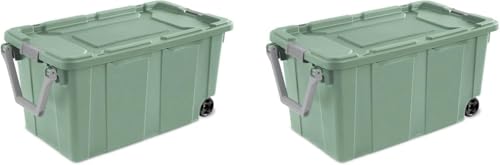 Storage Bin 40 Gallon 160 Qt Wheeled Industrial Tote Plastic Rolling Stacker Storage Box, Tough Lidded Stackable Storage Container for Home, Garage, and Camping Green Sage Base and Lid 2 PACK - view 2