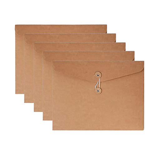 Kraft String Envelope File Folder Project Pockets File Jacket Document Organizer Flat-No Expansion A4 Letter Size (Kraft Brown, Pack of 5)