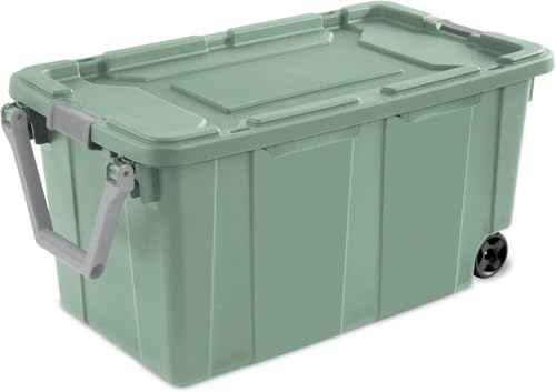 Storage Bin 40 Gallon 160 Qt Wheeled Industrial Tote Plastic Rolling Stacker Storage Box, Tough Lidded Stackable Storage Container for Home, Garage, and Camping Green Sage Base and Lid 2 PACK - view 4