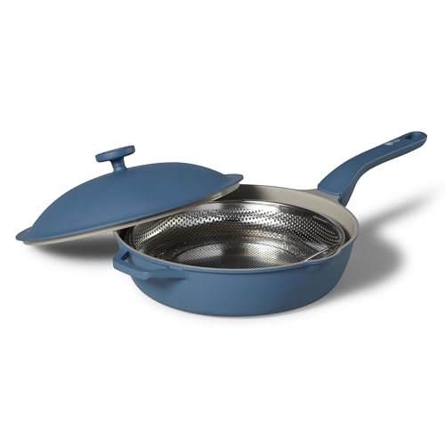 The Rock 1tsp All-in-One 11" (28cm) Deep Ceramic Fry Pan with Lid and Steam Basket, Cast Aluminum Base, PFAS-Free, Induction Ready, Easy to Clean, Blue