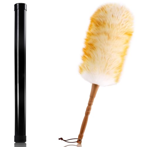 Lambswool Duster with Solid Wooden Handle,Leather Hang Strap,18.9 inch Long,Natural Feather Duster for Cleaning Ceiling Fans,Window Blinds,Computer Screens,Bookshelves etc