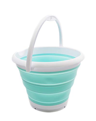 10L (2.64Gallon) Collapsible Fishing Bucket - Foldable Round Tub - Portable Plastic Water Pail - Space Saving Outdoor Waterpot - Trunk Organizer (1, White/Lake Green)