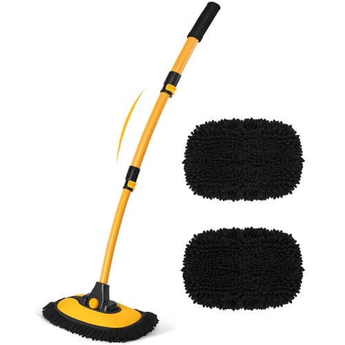 15° Curved Car Wash Brush with Long Handle, 2 Scratch-Free Mop Heads