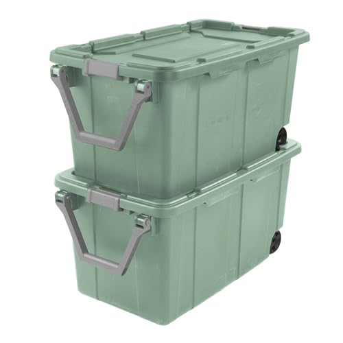 Extra Large Storage Bin, 40 Gallon Wheeled Plastic Storage Container with Handle, Green, Pack of 2 (GREEN)