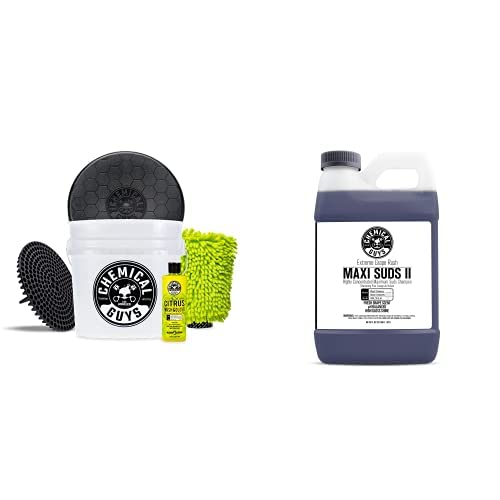 CWS_1010_64BK Car Wash Detailing Bucket, Mitt & Accessories Bundle (6 Items) Featuring Maxi-Suds II Foaming Car Wash Soap 64 oz (.5 Gal) Grape Scent - Works on Cars, Trucks, SUVs, & More