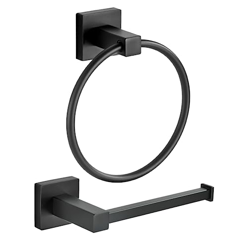Black Toilet Paper Holder Towel Ring, Black Bathroom Hardware, Hand Towel Holder Toilet Paper Roll Holder Set, Wall Mounted Stainless Steel Bathroom Accessories, 2 PCS