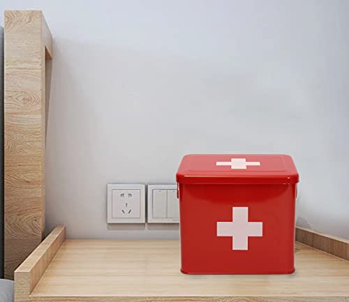 First Aid Kit, First Aid Medicine Supplies Bin - 2-Tier Metal Medicine Storage Tin, First Aid Box with Removable Tray for Home Emergency Tool Set-Red - view 5