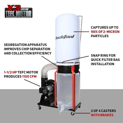 1-1/2 HP Dust Collector, Internal Dust Baffle, 1100 CFM Airflow - view 3