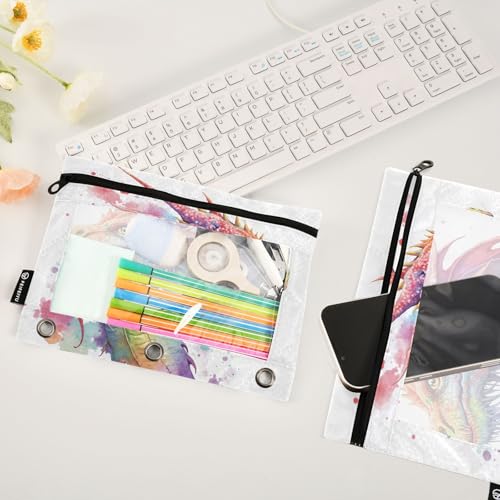 Watercolor Dragon Pencil Pouch for 3 Ring Binder, 2 Pack Waterproof Pencil Bags Clear Window Zipper School Office Supplies - view 5