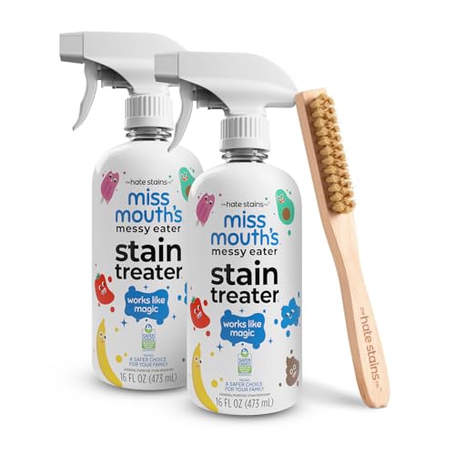 Messy Eater Stain Treater Spray 2-Pack 16oz & Laundry Brush Set - Stain Remover for Clothes & Delicates - Baby & Kids Pre-Treat Kit - Fabric Scrub Brush for Spot Cleaning - Bundle