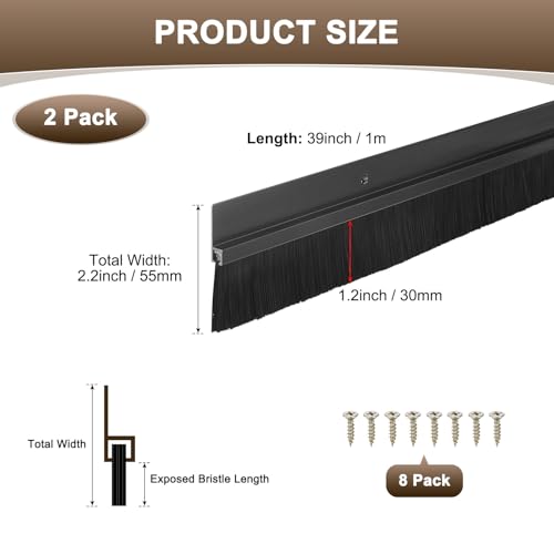 2Pack Door Sweep - 39" Door Bottom Brush Heavy Duty Seal Draft Stopper Aluminum Base with 30mm Brush, Adhesive/Screw Installation for Interior/Exterior/Garage/Sliding Doors, Black - view 3