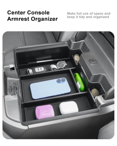 Center Console Organizer Set For 2019-2022 Chevy Silverado 1500/GMC Sierra 1500 & 2020-2023 Silverado/Sierra 2500HD/3500HD Accessories - 2 Pcs Storage Tray Only Fit Full Console w/Bucket Seats(Black) - view 4