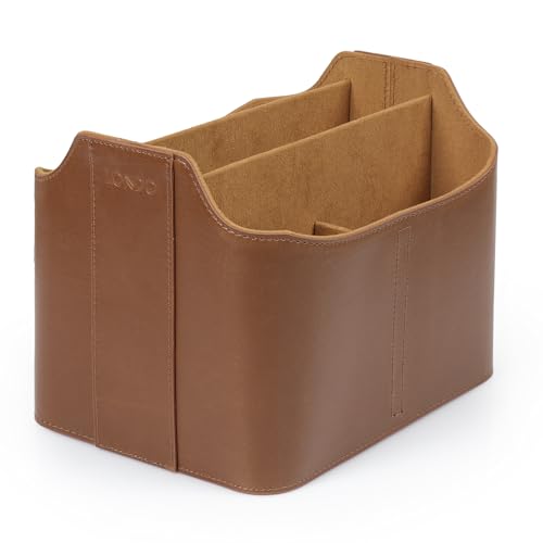 PU Vegan Leather Desk Organizer Cube with Tablet Slot, Nightstand Caddy & Couch Organizer — 4 Remote Pockets + iPad/Kindle Slot, Makeup Brush Holder, Suede Lined, 8 x 6.1 x 6.1 in, Light Brown