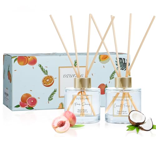 200ml Scent Diffuser with 6 Fiber Sticks, 6.76 oz Reed Diffuser Set Aromatherapy Fragrance Diffusers Air Fresheners for Home Bedroom Bathroom (Coconut Peach)