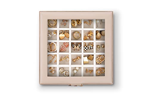 Co Earring Organizer - Classic 50 Section Jewelry Box/Case/Holder for Earrings, Rings, Necklaces, Jewelry, Cufflinks or Collections -2 Layer Small Compartments with Large Glass Top - Sand - view 2