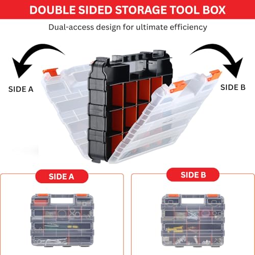 Andalus Tools Organizer Box, Small Parts Storage 34-Compartment Double-Sided Portable Hardware Organizer Removable Plastic Dividers for Screws, Nuts, Bolts, Nails – Orange (1 Pack, 12.5" x 10.5" x 3") - view 5