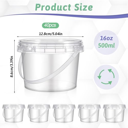 40 Pcs 16oz Clear Plastic Buckets with Handles and Lids, 16oz Mini Drinking Buckets Reusable Ice Cream Tub Airtight Food Storage Container Pails for Kitchen, Party Snacks, Camping Drinks, Small Items - view 2
