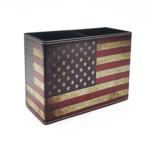 Pen Holder, Rectangle Vintage Pencil Holder with 2 Compartments, PU Leather Art Remote Control Holder Organizer Storage for Desk Accessory (American Flag)