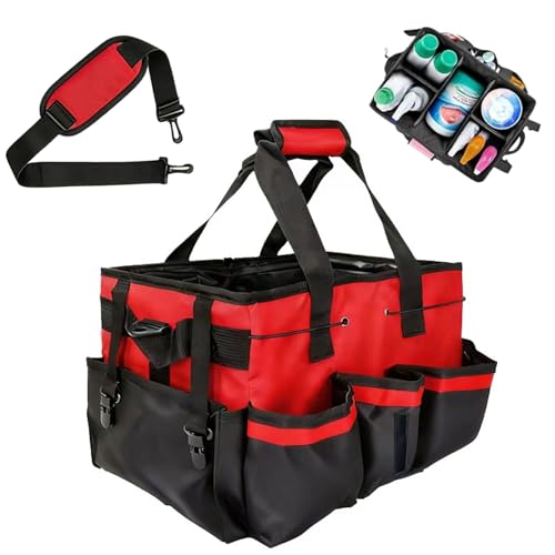 Tool Organizer Tote Bag, Pink and Black, Large Capacity with Adjustable Compartments, Portable Cleaning Storage Caddy, 14.96x10.63x9.06 Inches (Red)