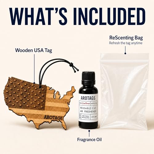USA Flag Car Air Freshener Kit, Reusable Wood Hanging Diffuser with 30 mL Backwoods Birch Fragrance Oil, Patriotic Car & Truck Accessory - view 2
