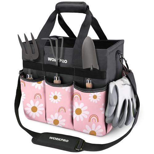 Garden Tool Bag, 10 Pockets and Shoulder Strap, Floral Pink