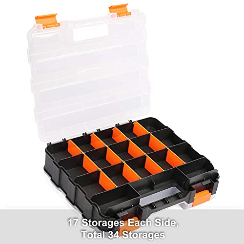 Double Side Tools Organizer, Customizable Removable Plastic Dividers, Hardware Box Storage, Excellent for Screws,Nuts,Small Parts, 34-Compartment, Black/Orange,12.6"L x 10.6"W x 3.2"H - view 4
