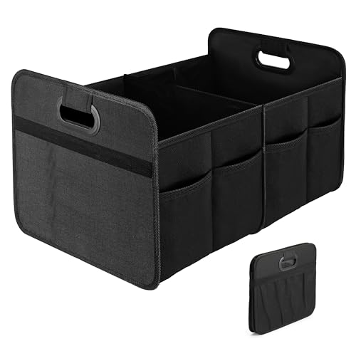Car Trunk Organizer, 2 Compartments Anti-slip 14" D x 22" W x 12" H Collapsible Trunk Storage, 600D Oxford Polyester Car Storage, Suitable for SUV, Minivan, Truck, Black