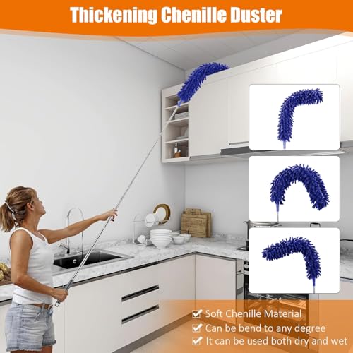 4 Pcs Microfiber Cobweb Duster with 100-inch Extendable Pole, Washable and Reusable Feather Cleaning Duster Kit with 3 Duster Heads,Dusters for Cleaning with Telescopic Pole for High Ceiling Fan,Blue - view 6