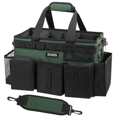 Wearable Cleaning Caddy Bag, Cleaning Caddy Supplies Organizer with Handle & Shoulder Straps for Housekeepers, Under Sink & Car Cleaning Tool Organizers with 4 Foldable Divider (TreeGreen)