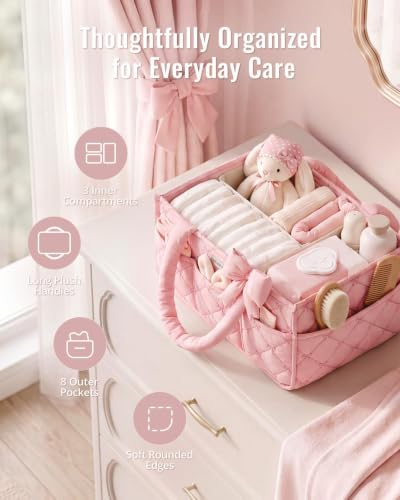 Baby Diaper Caddy Organizer, Nursery Basket, Bow Light Pink - view 3