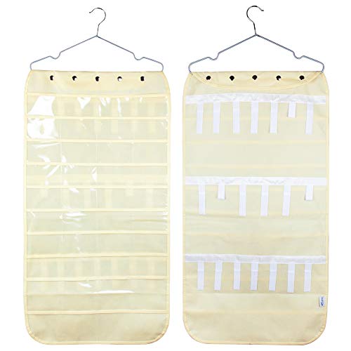 Hanging Jewelry Organizer Double Sided 40 Pockets & 20 Magic Tape Hook Storage Bag Closet Storage for Earrings Necklace Bracelet Ring Display Pouch (Beige) - view 2